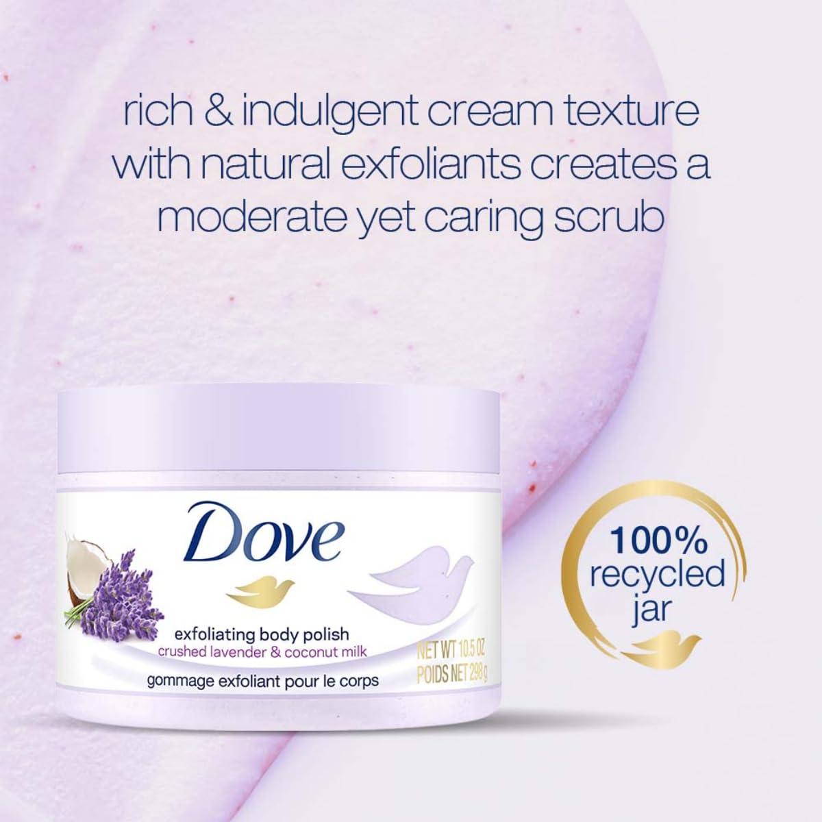 imageDove Exfoliating Body Polish Body Scrub Crushed Almond and Mango Butter 4 Count Exfoliating Scrub for Dry Skin Gently Exfoliates to Reveal Healthy Skin 105 ozLavender Coconut Milk