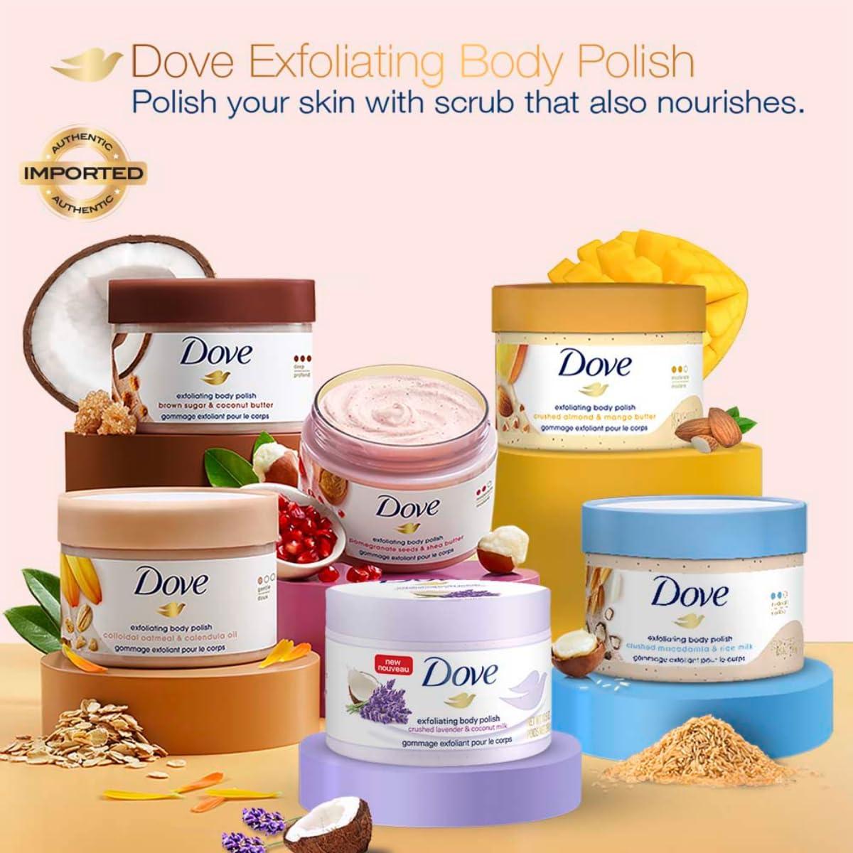 imageDove Exfoliating Body Polish Body Scrub Crushed Almond and Mango Butter 4 Count Exfoliating Scrub for Dry Skin Gently Exfoliates to Reveal Healthy Skin 105 ozLavender Coconut Milk