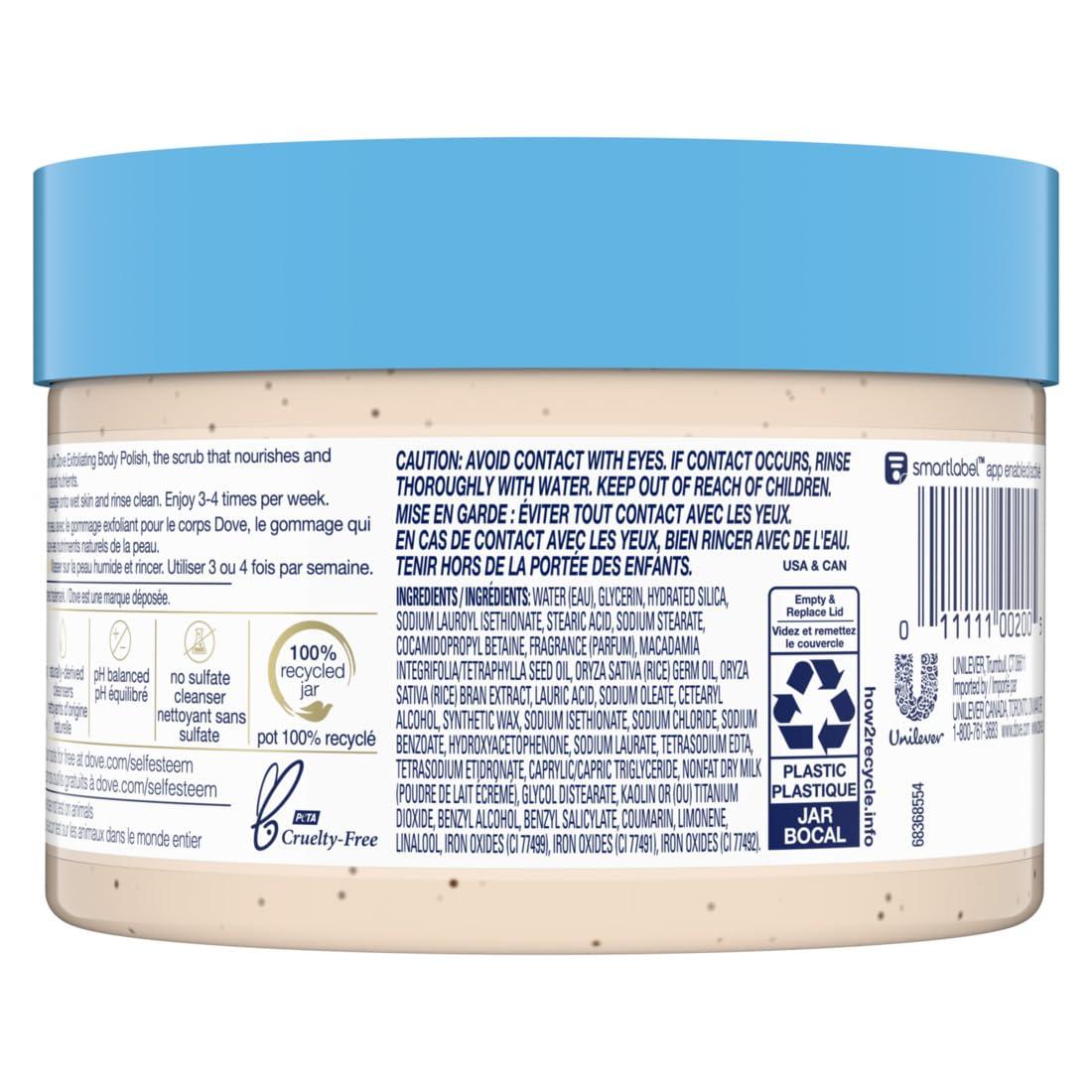 imageDove Exfoliating Body Polish Body Scrub Crushed Almond and Mango Butter 4 Count Exfoliating Scrub for Dry Skin Gently Exfoliates to Reveal Healthy Skin 105 ozCrushed Macadamia and Rice Milk