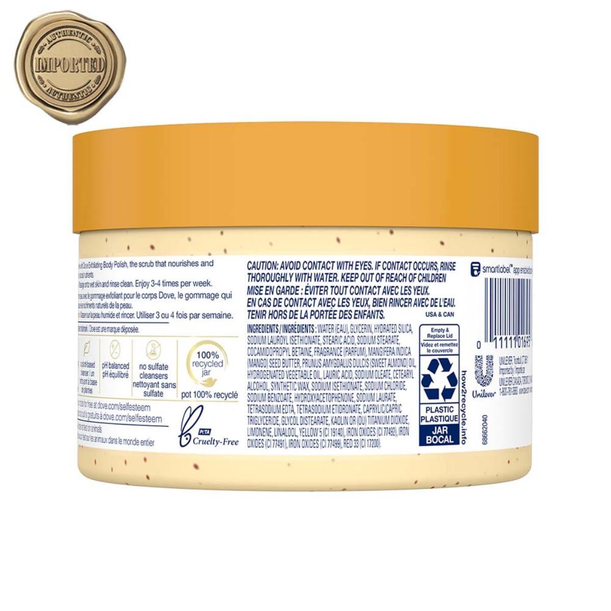 imageDove Exfoliating Body Polish Body Scrub Crushed Almond and Mango Butter 4 Count Exfoliating Scrub for Dry Skin Gently Exfoliates to Reveal Healthy Skin 105 ozMango Almond