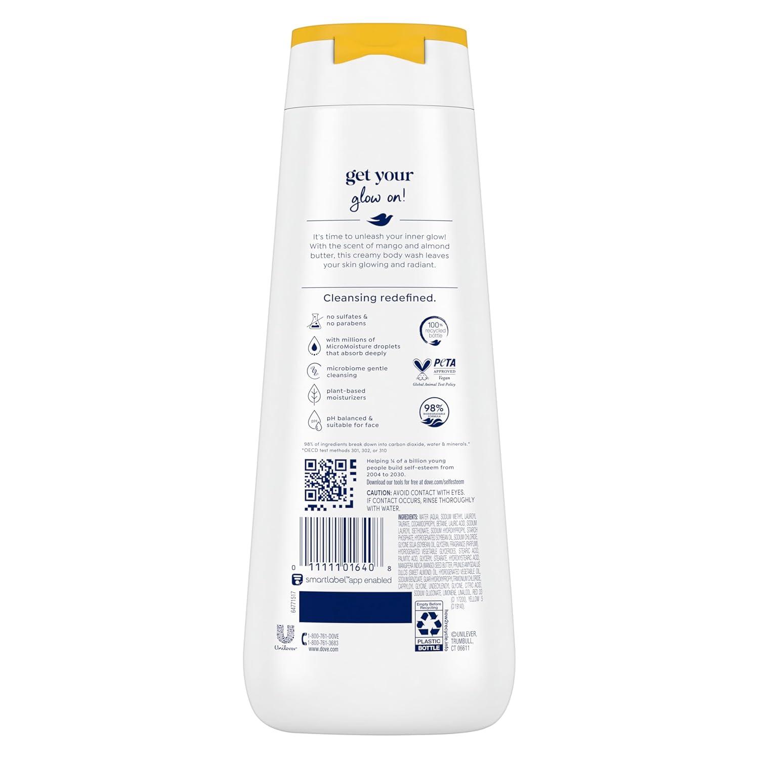 imageDove Glowing Body Wash For Revitalized Refreshed Skin Mango Butter and Almond Butter Cleanser That Effectively Washes Away Bacteria While Nourishing Your Skin 22 oz 4 CountMango and Almond Butter
