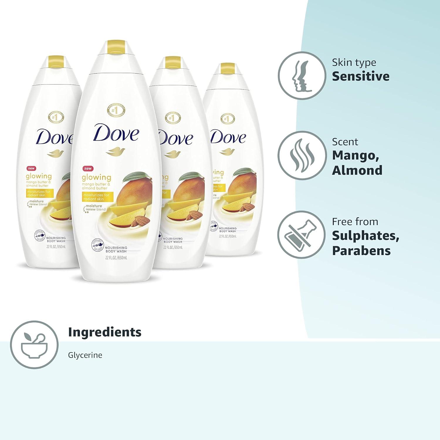 imageDove Glowing Body Wash For Revitalized Refreshed Skin Mango Butter and Almond Butter Cleanser That Effectively Washes Away Bacteria While Nourishing Your Skin 22 oz 4 CountMango and Almond Butters