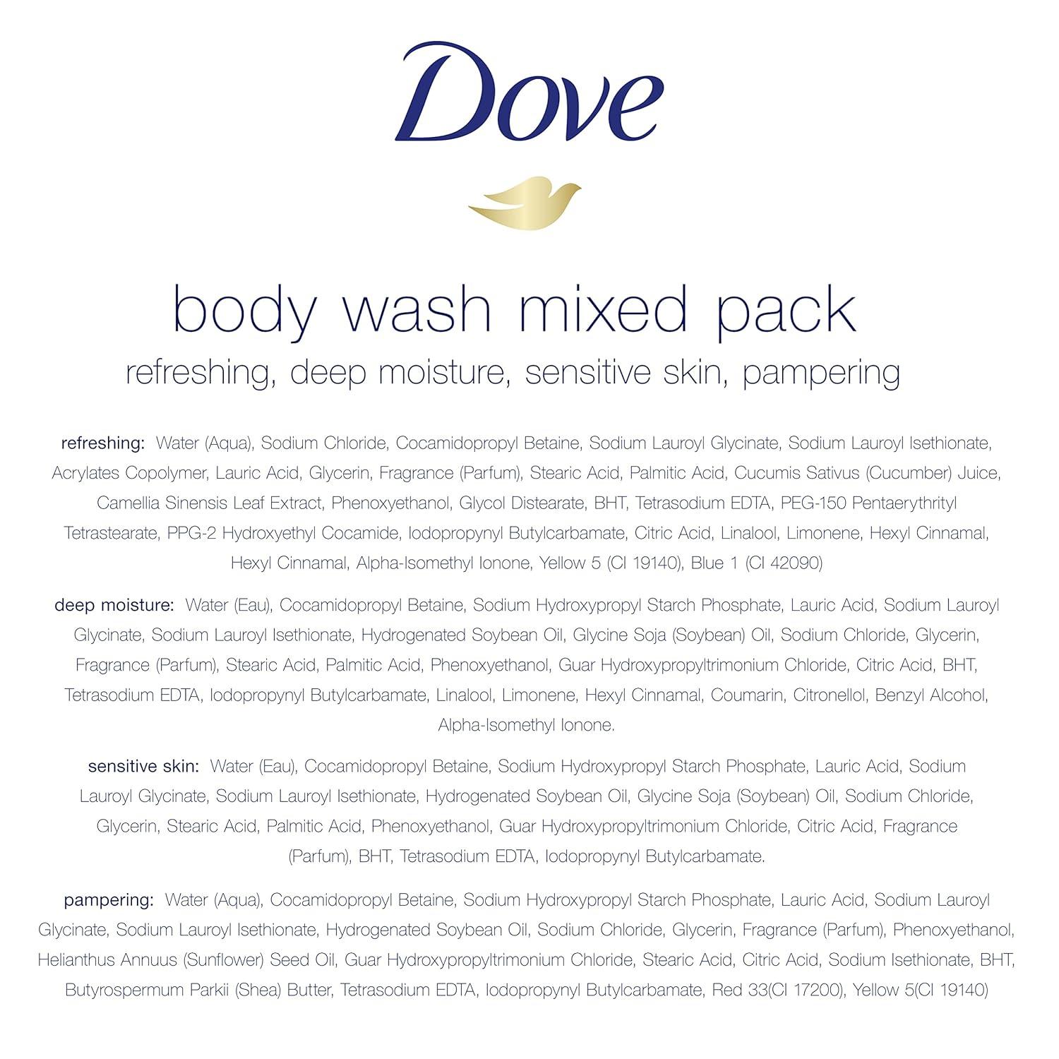 imageDove Mixed Body Wash Pack with Skin Natural Nourishers for Instantly Soft Skin and Lasting Nourishment Cleanser That Effectively Washes Away Bacteria While Nourishing Your Skin 4 Count