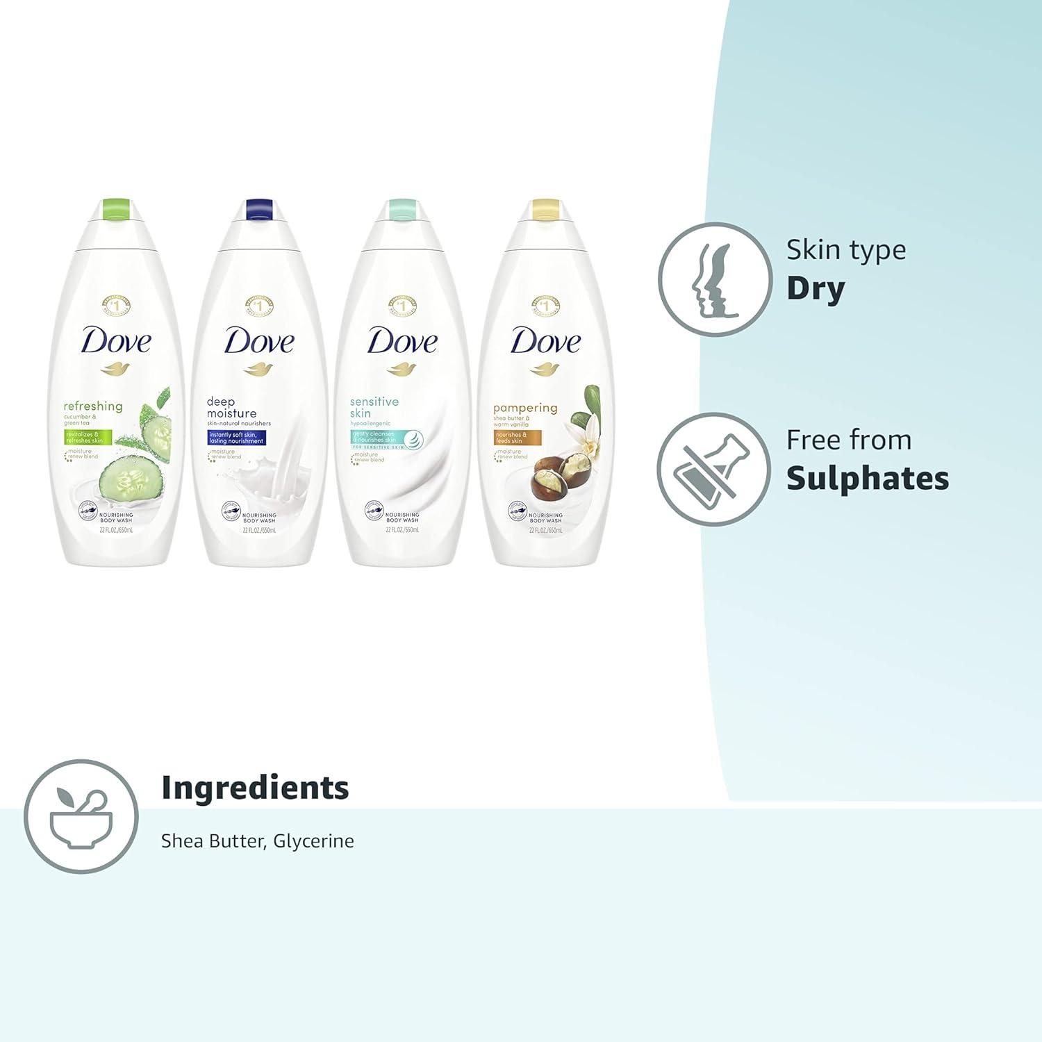 imageDove Mixed Body Wash Pack with Skin Natural Nourishers for Instantly Soft Skin and Lasting Nourishment Cleanser That Effectively Washes Away Bacteria While Nourishing Your Skin 4 Count