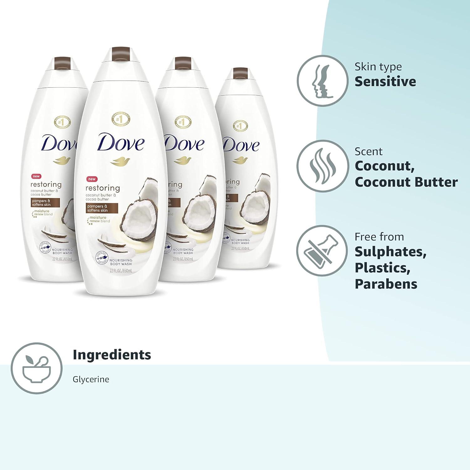imageDove Purely Pampering Body Wash for Dry Skin Coconut Butter and Cocoa Butter Effectively Washes Away Bacteria While Nourishing Your Skin 22 oz 4 count22 Fl Oz Pack of 4