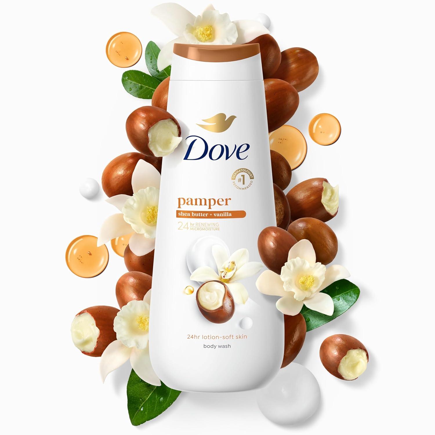imageDove Purely Pampering Body Wash for Dry Skin Shea Butter with Warm Vanilla Effectively Washes Away Bacteria While Nourishing Your Skin 22 Fl Oz Pack of 4Shea Butter and Warm Vanilla