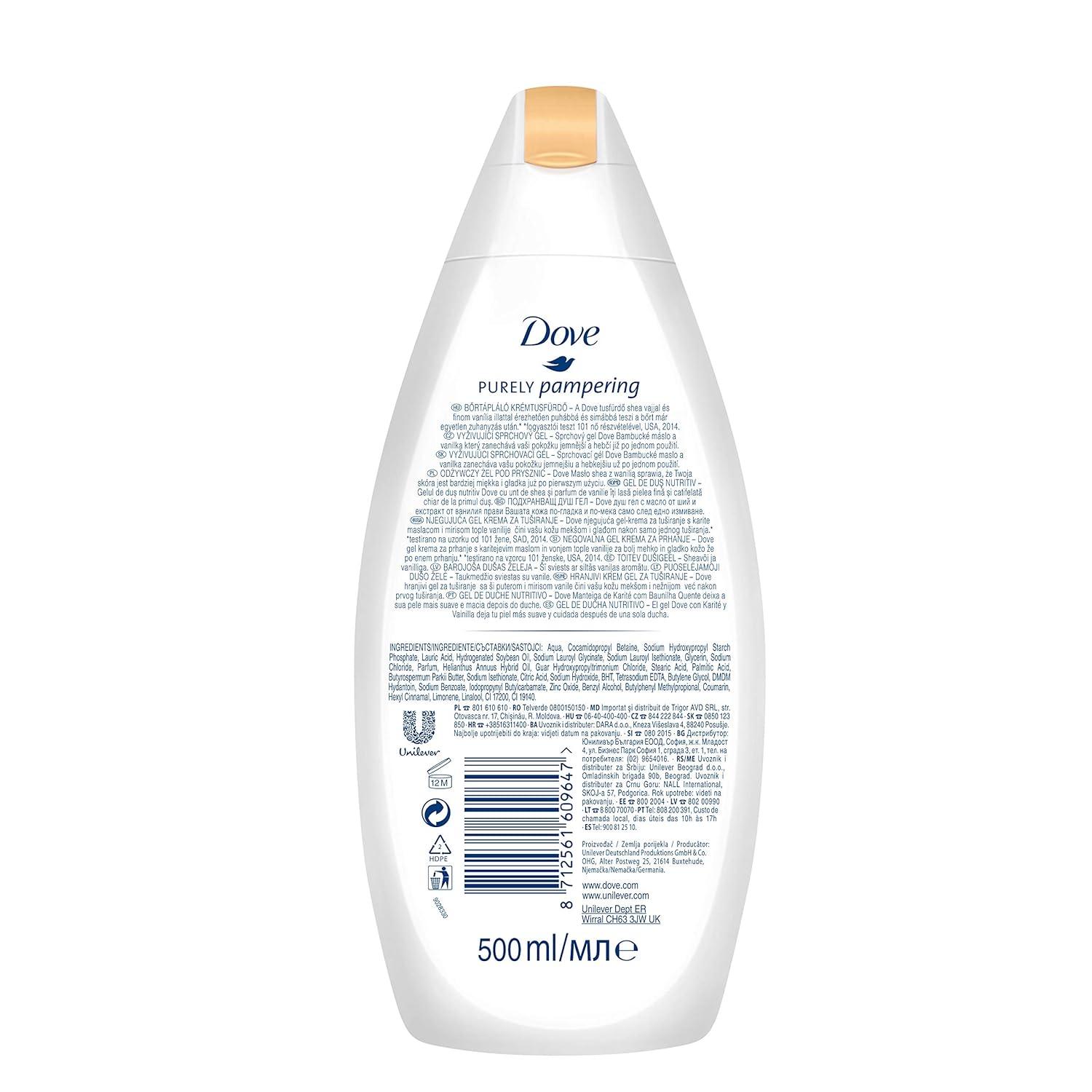 imageDove Purely Pampering Body Wash for Dry Skin Shea Butter with Warm Vanilla Effectively Washes Away Bacteria While Nourishing Your Skin 22 Fl Oz Pack of 4Shea Butter and Warm Vanilla