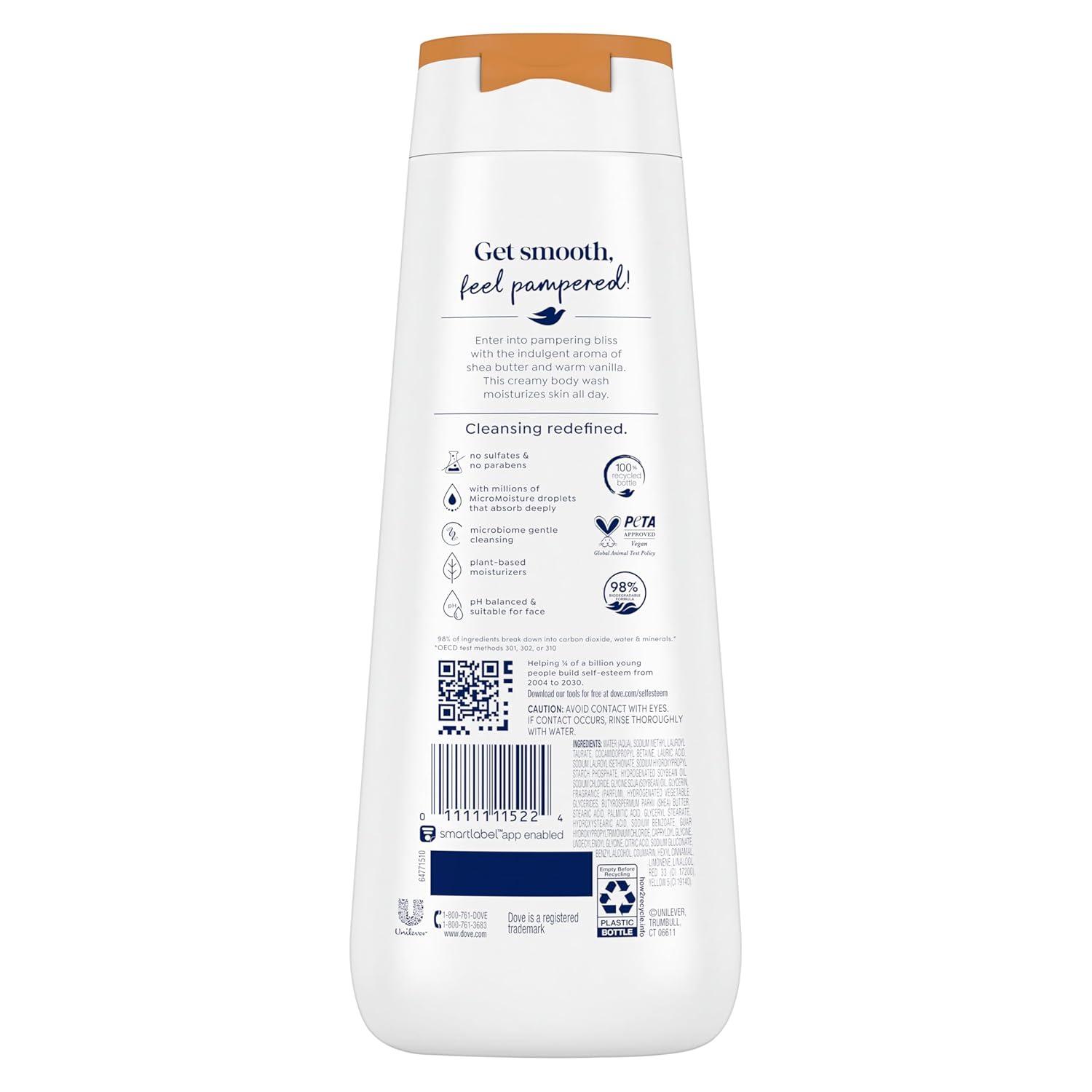imageDove Purely Pampering Body Wash for Dry Skin Shea Butter with Warm Vanilla Effectively Washes Away Bacteria While Nourishing Your Skin 22 Fl Oz Pack of 4Shea Butter and Warm Vanilla