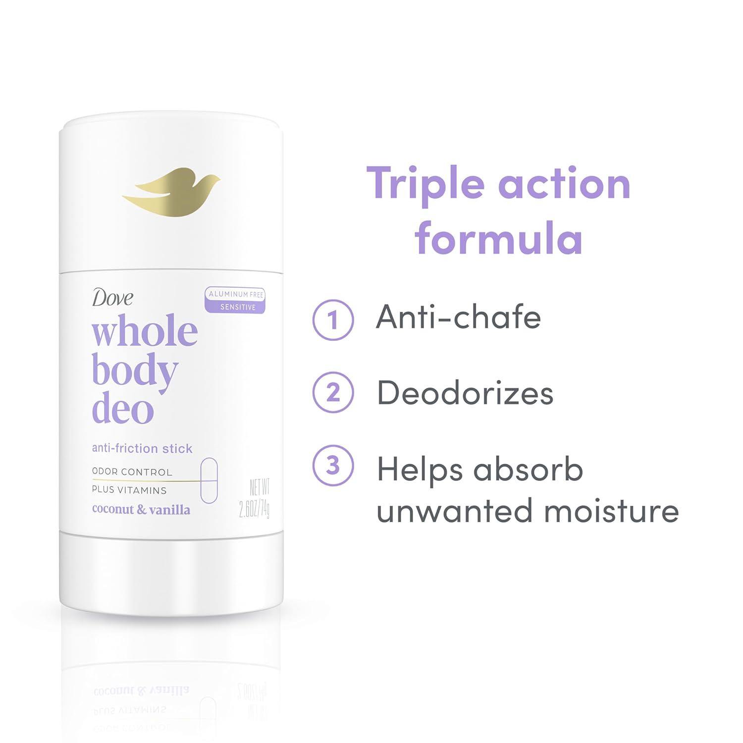 imageDove Whole Body Deo Aluminum Free AntiFriction Deodorant Stick Coconut Vanilla for All Day Odor Control 26 ozCoconut Vanilla