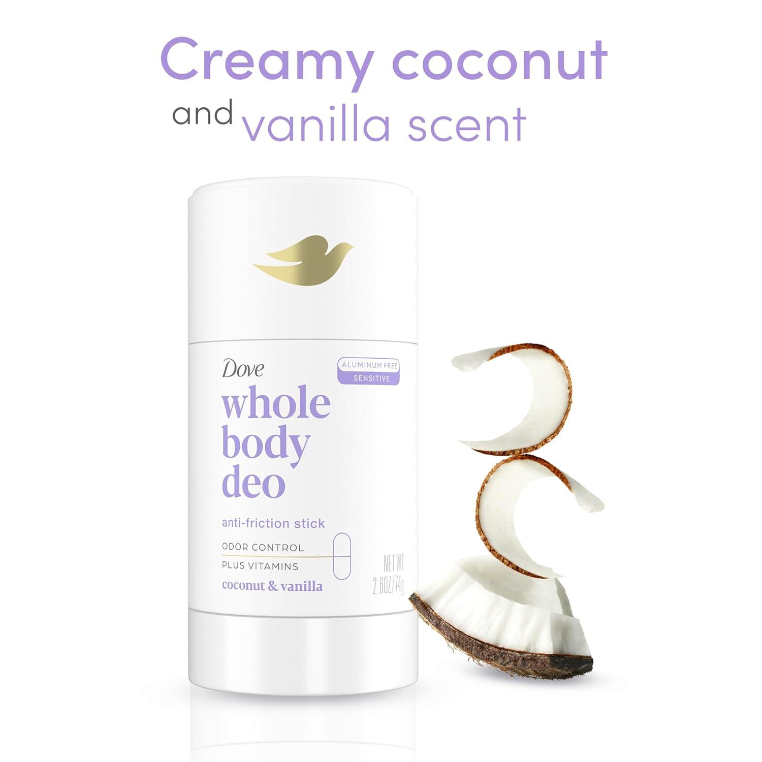 imageDove Whole Body Deo Aluminum Free AntiFriction Deodorant Stick Coconut Vanilla for All Day Odor Control 26 ozCoconut Vanilla