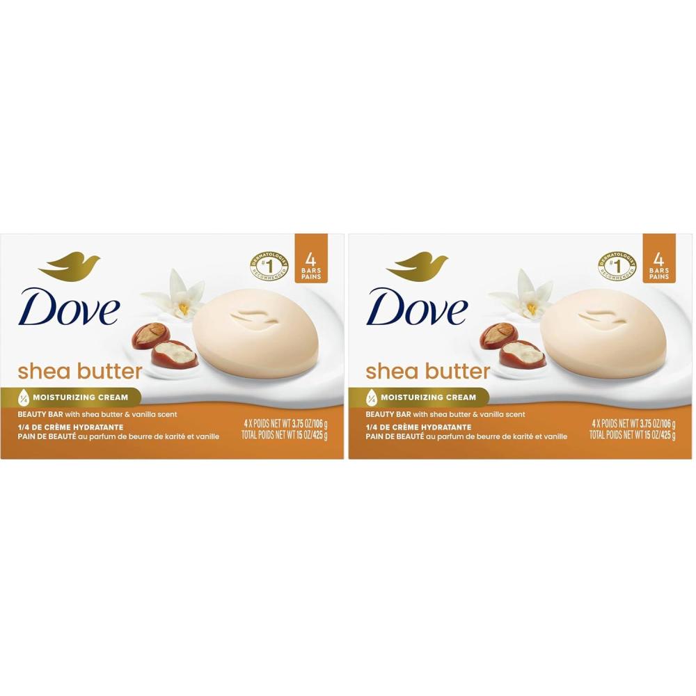 imageDove Beauty Bar Soap Shea Butter 4 Count for Nourished Radiant Skin Enriches Skin 375 oz1 Ounce Pack of 8