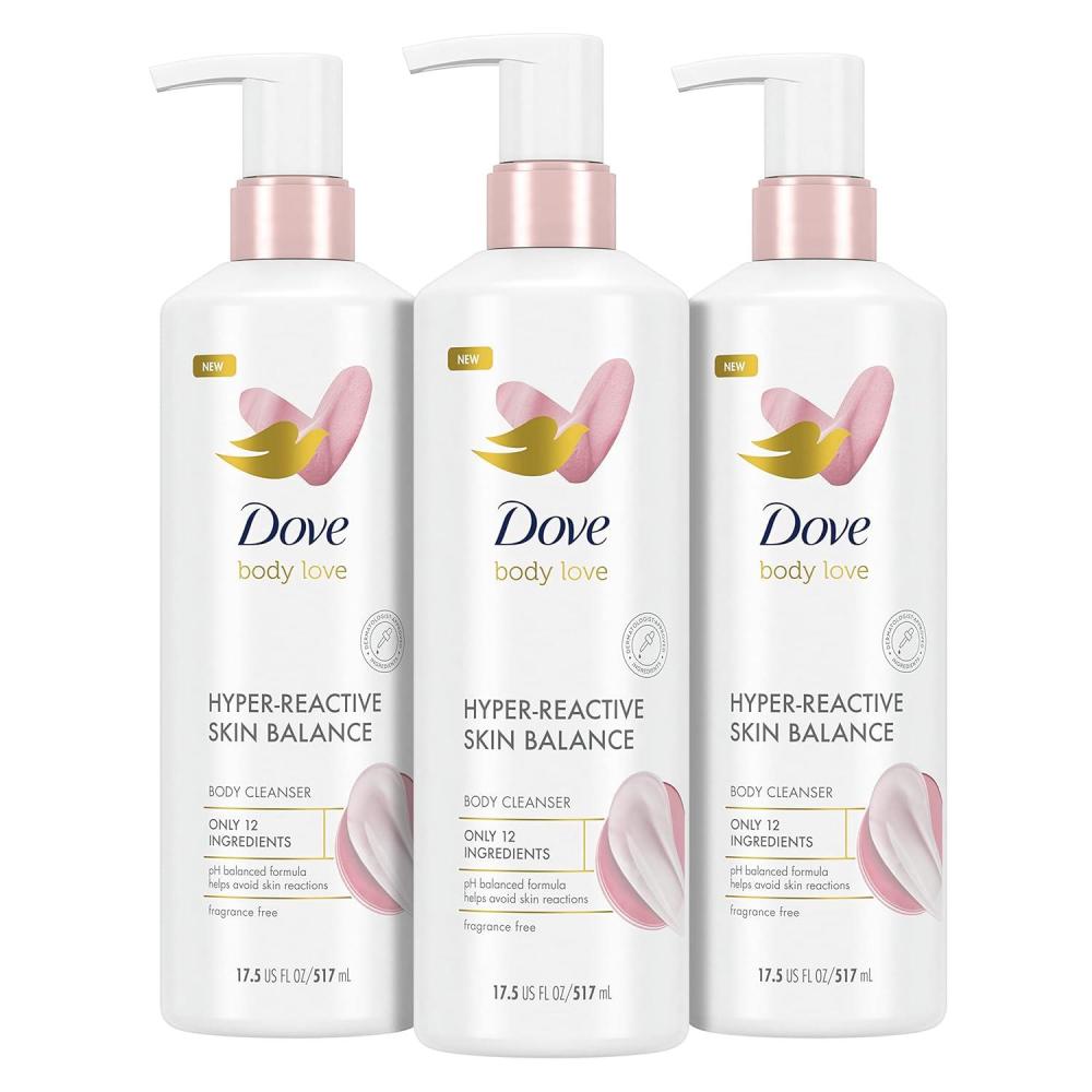 imageDove Body Love Body Cleanser ReactionProne Skin 3 Count HyperReactive Skin Balance for UltraSensitive Fragrance Free Body Wash with Only 12 Ingredients 175 oz