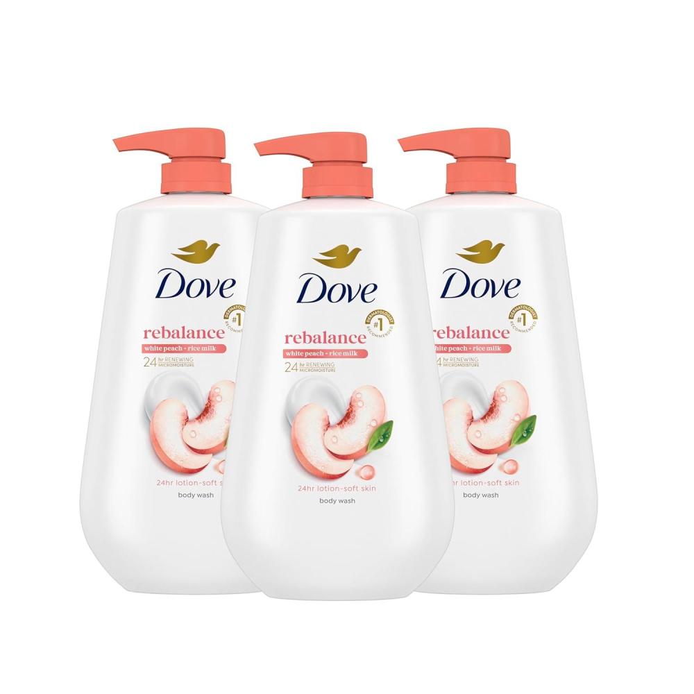 imageDove Body Wash 3 Count Rebalance White Peach amp Rice Milk For 24hr LotionSoft Skin Moisturizing Skin Cleanser with No Sulfates No Parabens