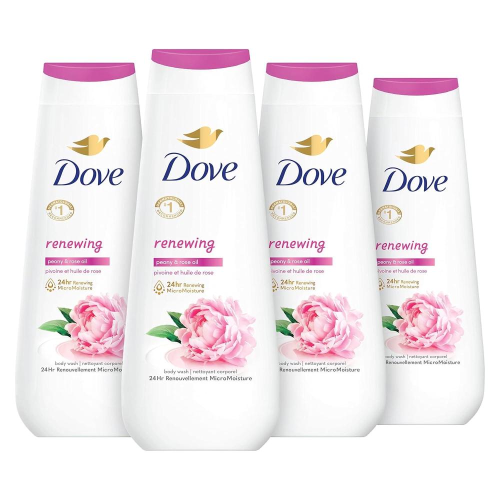 imageDove Body Wash 4 Count Renewing Peony and Rose Oil for Renewed HealthyLooking Skin Gentle Skin Cleanser with 24hr Renewing MicroMoisture 20 oz