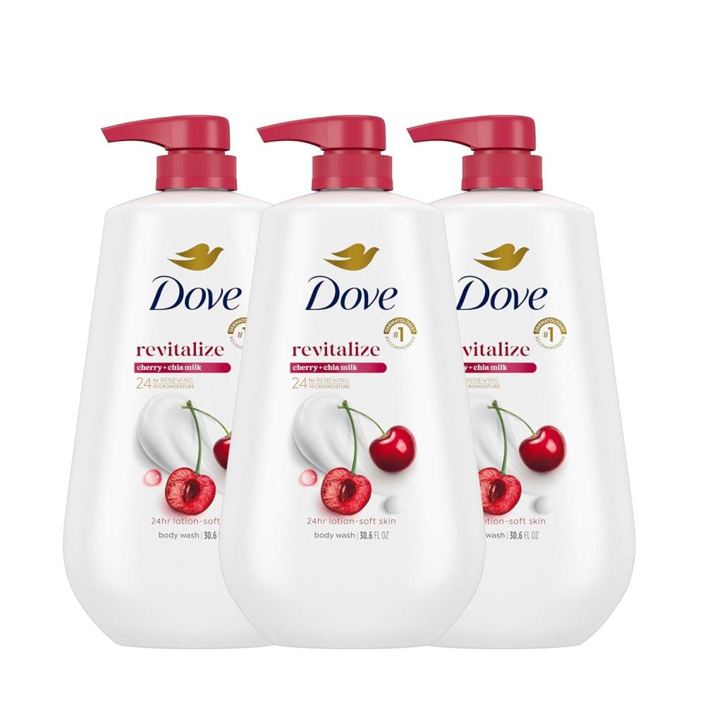 imageDove Body Wash with Pump 3 Count Revitalizante Cherry amp Chia Milk for Renewed Healthy Looking SkinMoisturizing Gentle Skin Cleanser with 24hr Renewing MicroMoisture 306 oz