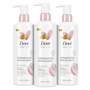 Dove Body Love Body Cleanser Reaction-Prone Skin 3 Count Hyper-Reactive Skin Balance for Ultra-Sensitive Fragrance Free Body Wash with Only 12 Ingredients 17.5 oz