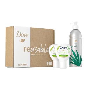 Dove Body Wash Aluminum Reusable Bottle and Concentrate Refill (2x) Starter Kit for Instantly Soft Skin Shea and Warm Vanilla for Skin Care and Lasting Nourishment 4oz (makes 16oz)(Cucumber)