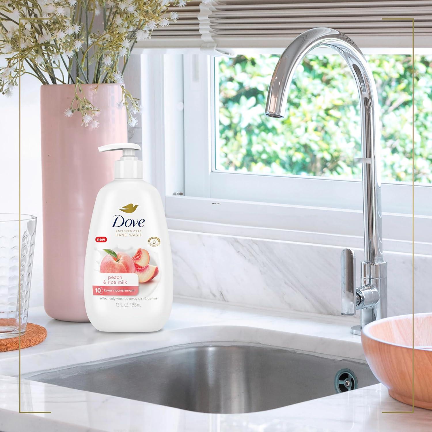 imageDove Advanced Care Hand Wash Peach amp Rice Milk 4 Count for Washing Away Dirt amp Germs While Nourishing Skin 10 Layers Deep with Moisture Boost 5X Complex12 Fl Oz Pack of 4