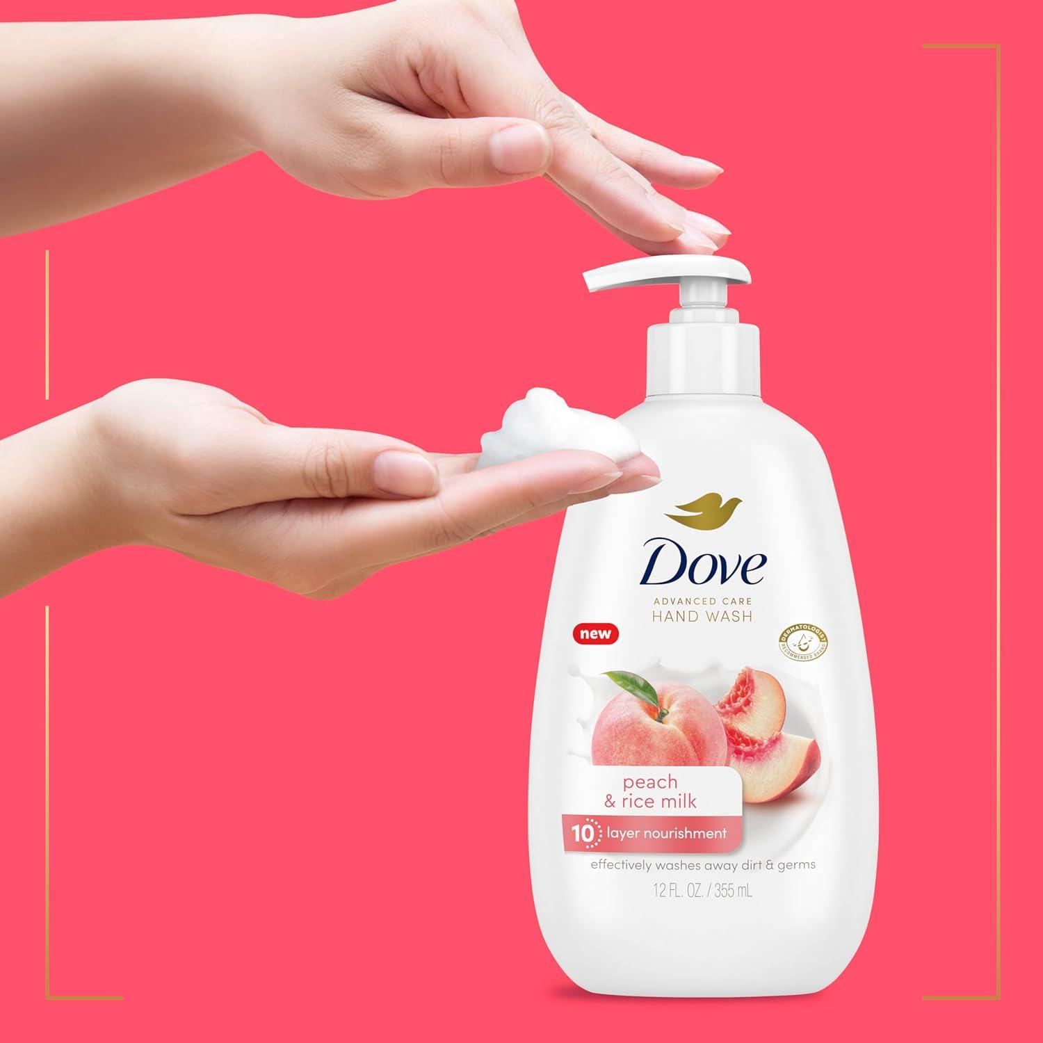 imageDove Advanced Care Hand Wash Peach amp Rice Milk 4 Count for Washing Away Dirt amp Germs While Nourishing Skin 10 Layers Deep with Moisture Boost 5X Complex12 Fl Oz Pack of 4