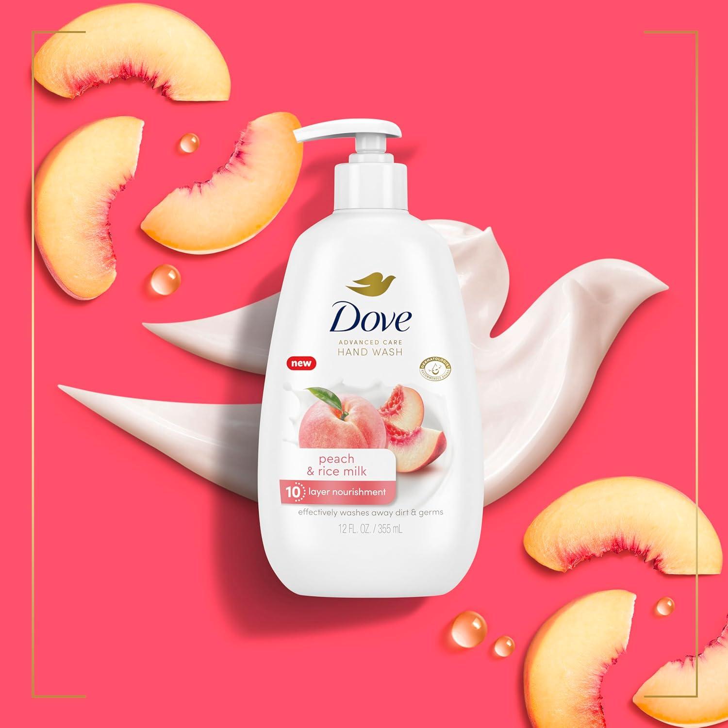 imageDove Advanced Care Hand Wash Peach amp Rice Milk 4 Count for Washing Away Dirt amp Germs While Nourishing Skin 10 Layers Deep with Moisture Boost 5X Complex12 Fl Oz Pack of 4