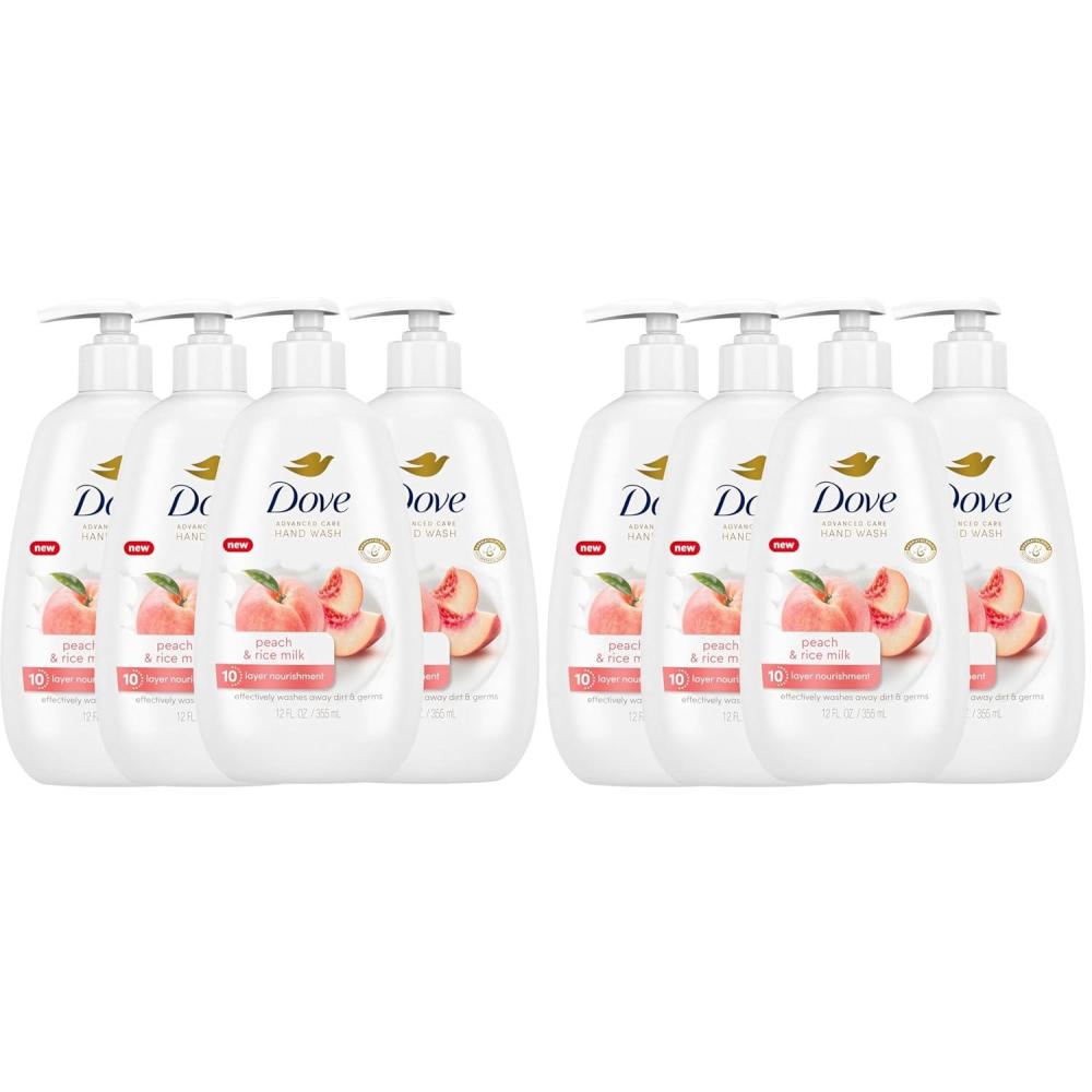 imageDove Advanced Care Hand Wash Peach amp Rice Milk 4 Count for Washing Away Dirt amp Germs While Nourishing Skin 10 Layers Deep with Moisture Boost 5X Complex12 Fl Oz Pack of 8