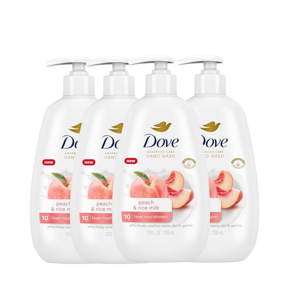 imageDove Advanced Care Hand Wash Peach amp Rice Milk 4 Count for Washing Away Dirt amp Germs While Nourishing Skin 10 Layers Deep with Moisture Boost 5X Complex12 Fl Oz Pack of 4