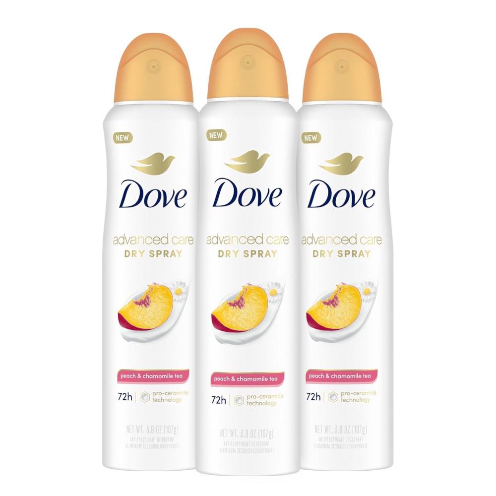 imageDove Advanced Care Antiperspirant Deodorant Dry Spray Peach amp Chamomile Tea 3ct underarm care boosts skins ceramide levels 72hour odor control ampallday sweat protection ProCeramide technology 38 oz