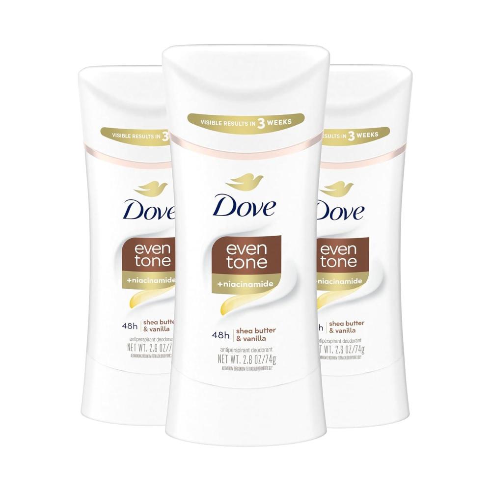 imageDove Antiperspirant Deodorant Stick Even Tone Shea Butter amp Vanilla Pack of 3 for 48h Odor and Sweat Protection amp Skin Restoration with Niacinamide amp Visible Results in 3 Weeks 26 oz
