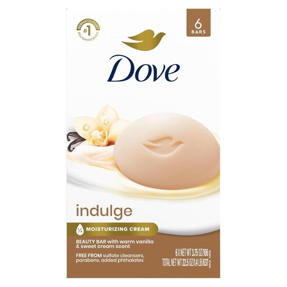 imageDove Indulge Soap Bar 6 Bars Warm Vanilla Sweet Cream for Hydrated amp Soft Skin 375 oz