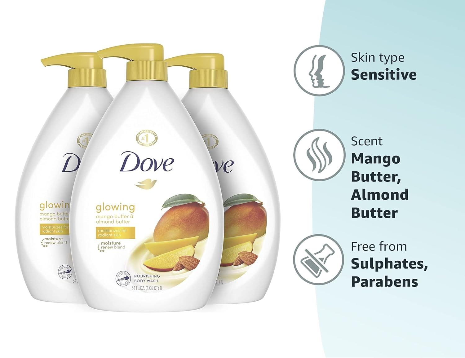 image:imageDove Body Wash with Pump 3 Count Glowing Mango amp Almond Butter for Renewed HealthyLooking Skin Gentle Skin Cleanser with 24hr Renewing MicroMoisture 306 ozMango and Almond Butter