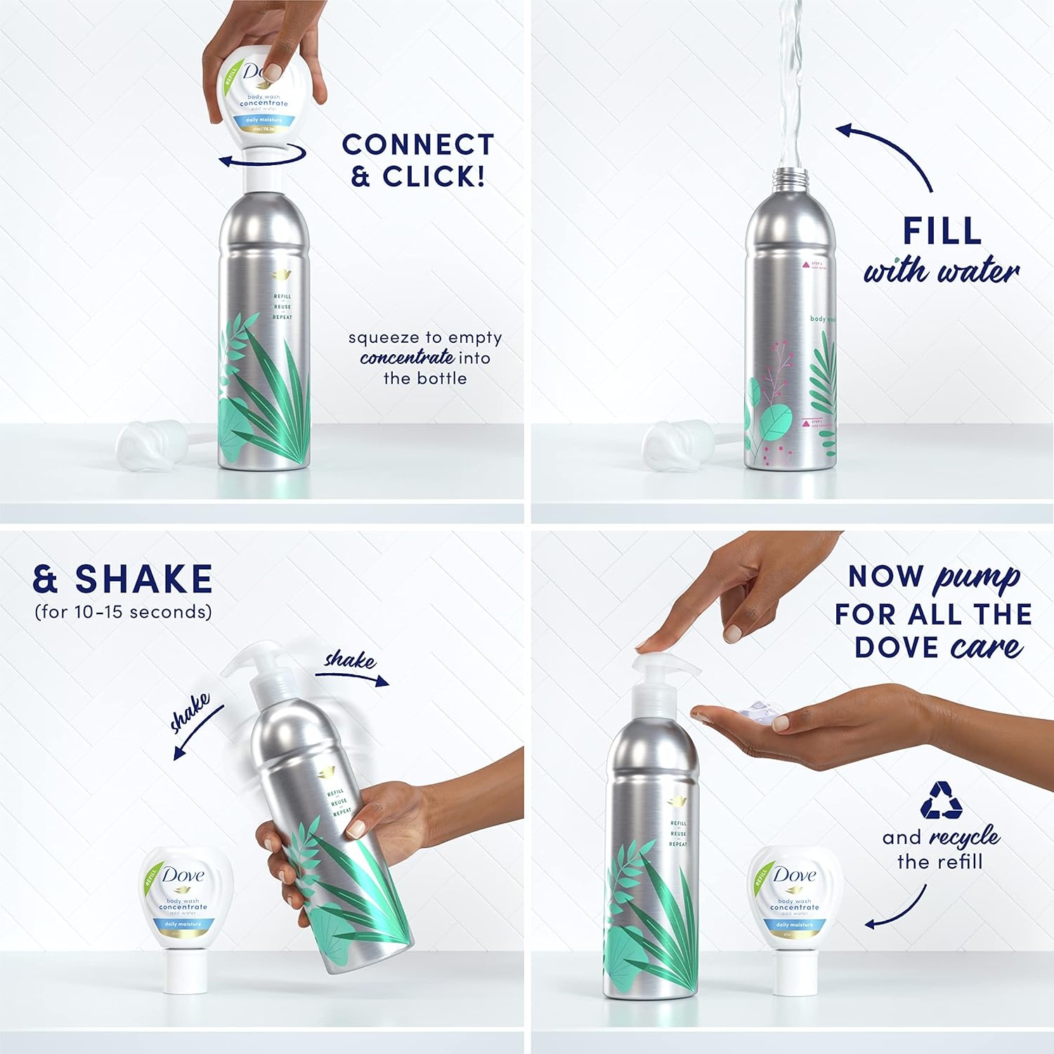 image:imageDove Concentrate Refill 4 Count for Instantly Soft Skin and Lasting Nourishment Daily Moisture Refill for use Reusable Bottle 4 fl oz makes 16 fl oz of Body WashDaily Moisture